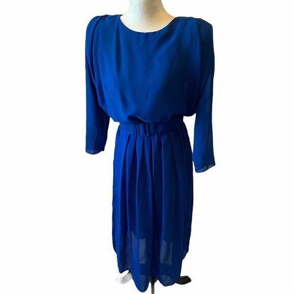 VINTAGE Chiffon Cobalt Midi Dress W/ Shoulder Pads - Picture 1 of 8